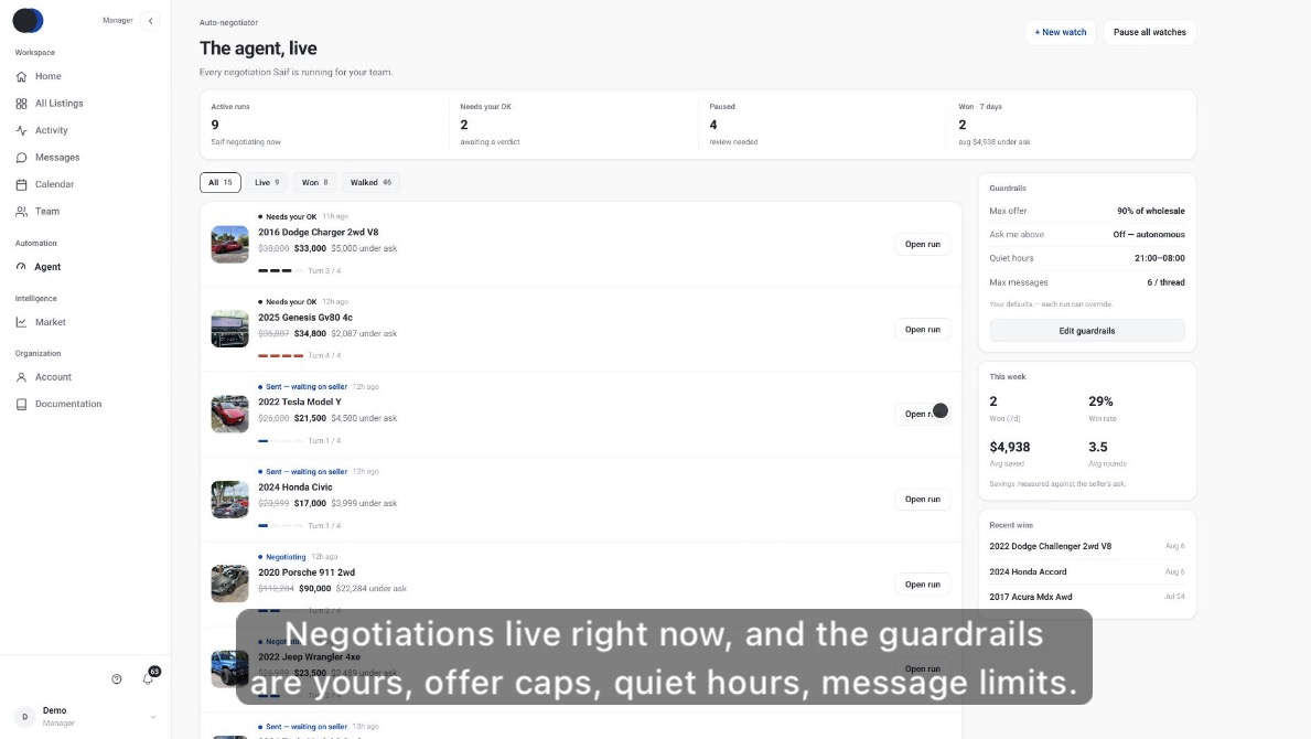 The AutoReveals agent monitor: live negotiations with dealer-set guardrails for offer caps, quiet hours, and message limits
