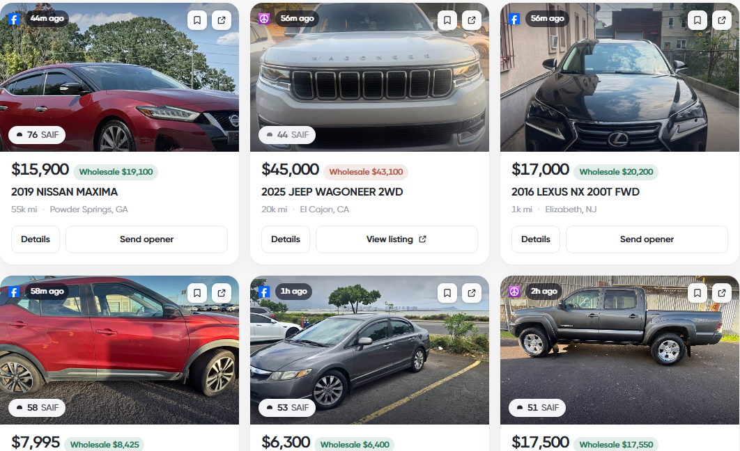 A live dealer acquisition feed of Facebook Marketplace and OfferUp listings, each showing time since posting and a wholesale valuation