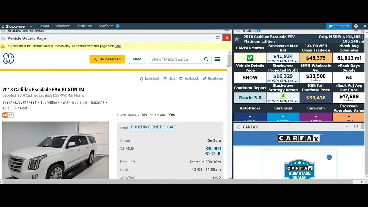 The vAuto Stockwave vehicle details view with live market data panels